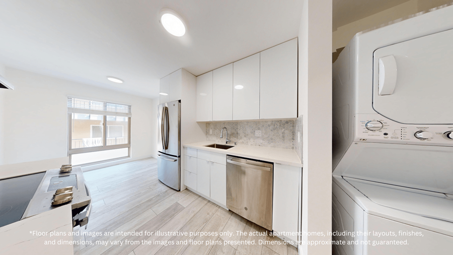 A modern kitchen with white cabinets and a stainless steel dishwasher.